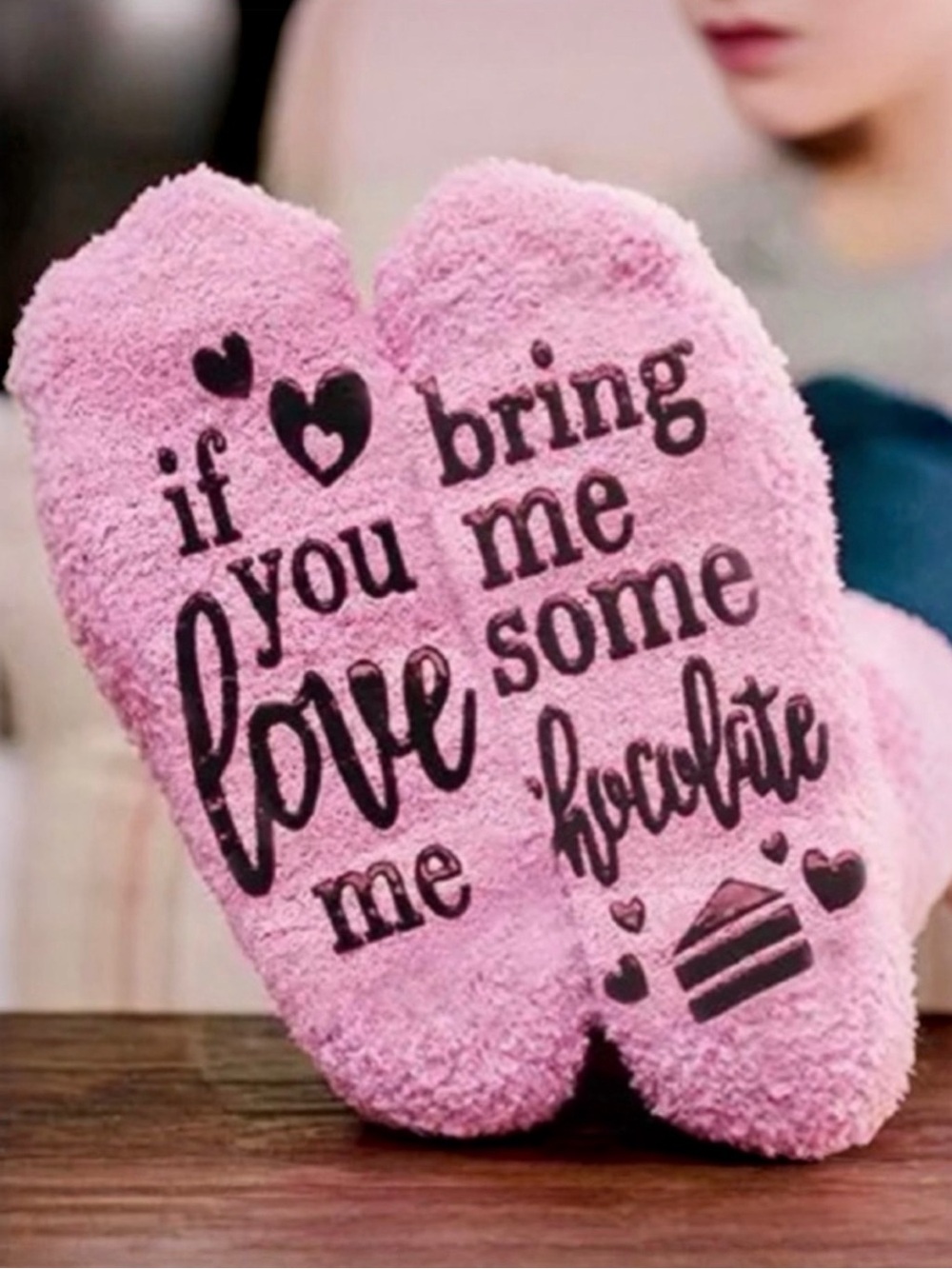 NWT Pink Fuzzy Anti Slip Socks If You Love Me Bring Me Chocolate Gift